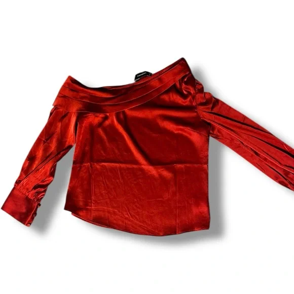 Express NWT Chic Scarlet Asymmetrical Long Sleeve Silky Cowl Neck Women's Blouse - Picture 8 of 16
